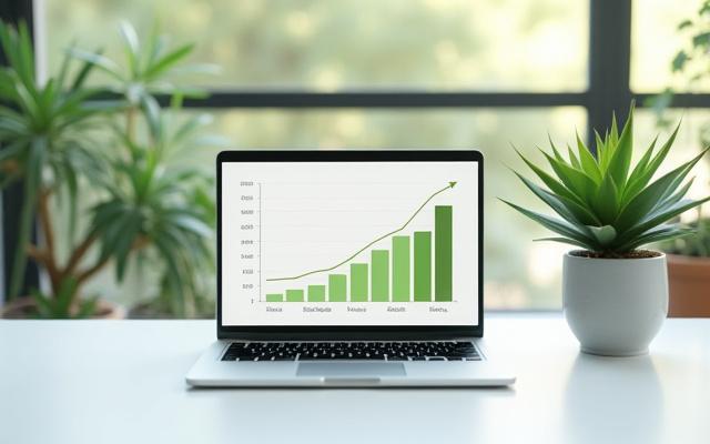 Desk with modern laptop and thriving succulent plants, representing growth and modern HR insights